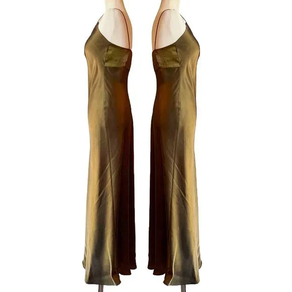Vintage metallic antique gold/bronze silk-like maxi slip dress - Size 4